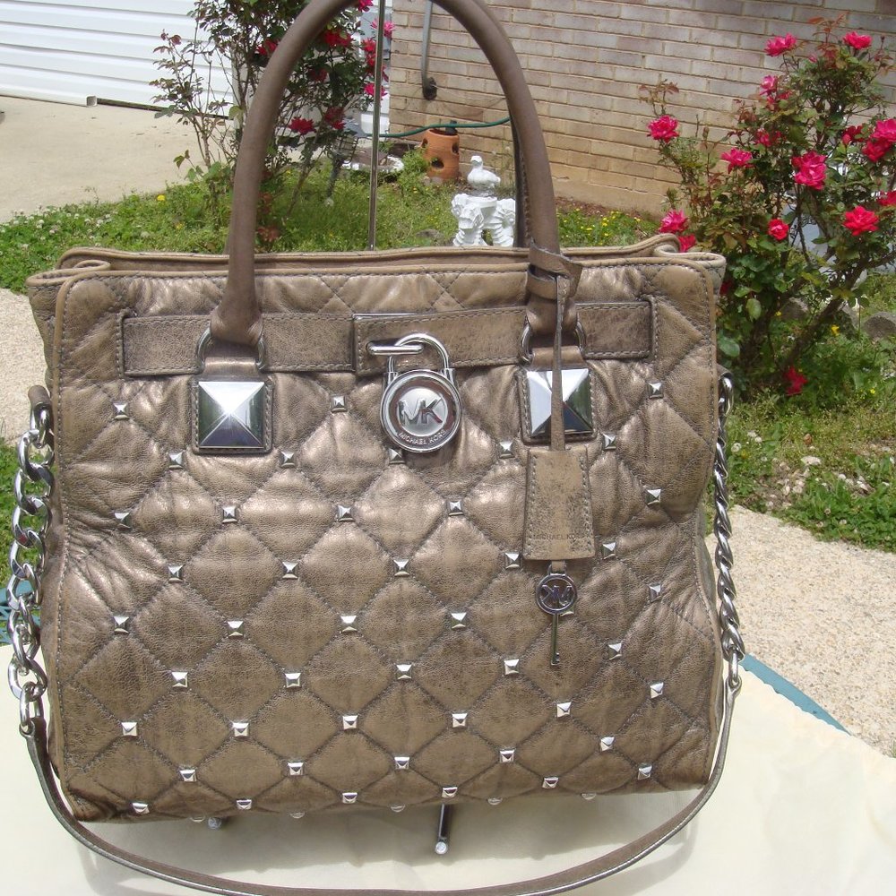MICHAEL Kors Hamilton Studded Quilted Metallic Distressed Leather Gold/Silver